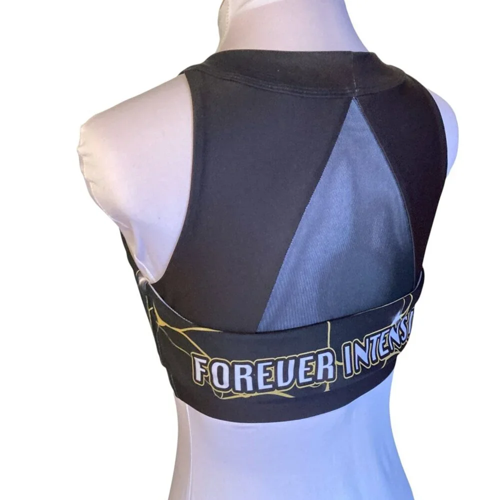 Forever Intensity Sports‎ Bra, Size Medium, Black Gold Mesh Stretchy Electric